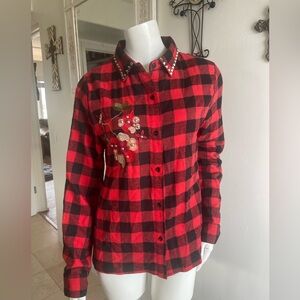 MissKoo Paris Red & Black Plaid Embellished , Studs Embroidered Shirt Size L
